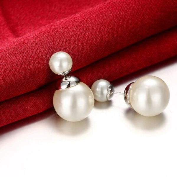 Round Artificial Pearl White Platinum Plated Earrings For Ladies Silver