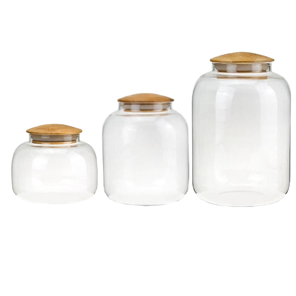 Round Bamboo Lid Glass Containers Kitchen Storage Organisation Canisters & Jars