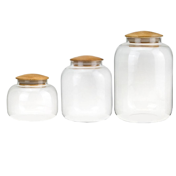 Round Bamboo Lid Glass Containers Kitchen Storage Organisation