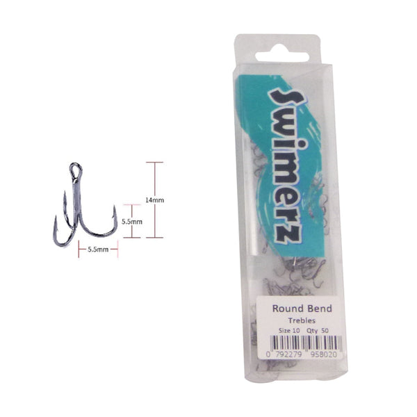 Swimerz Round Bend Trebles Size 10 Black Nickel 50 Pack Hooks