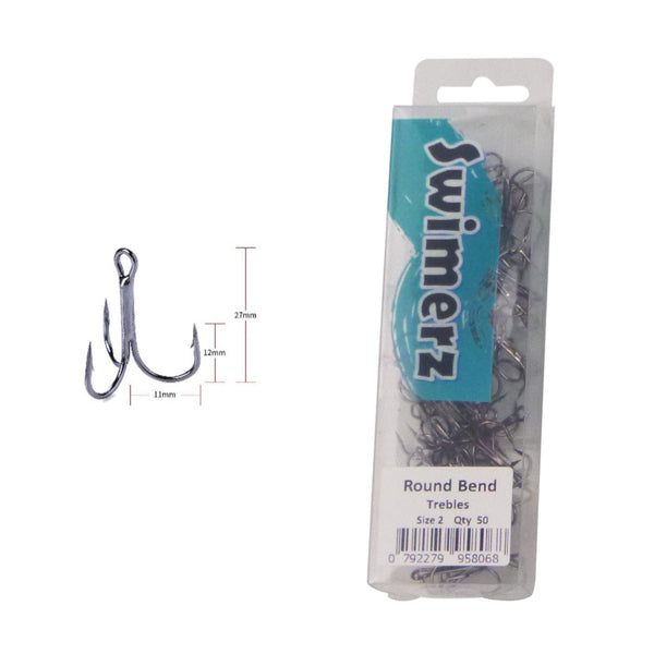 Swimerz Round Bend Trebles Size 2 Black Nickel 50 Pack Hooks