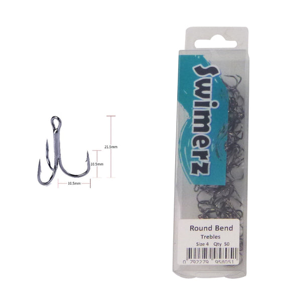 Swimerz Round Bend Trebles Size 4 Black Nickel 50 Pack Hooks