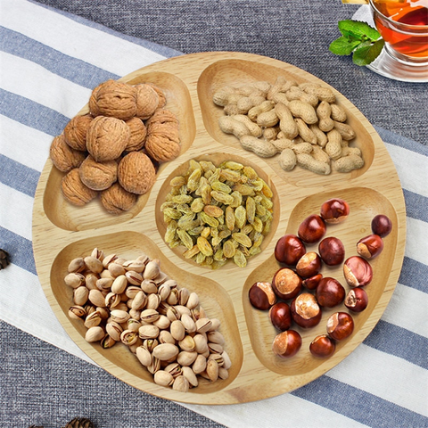 Rubber Beech Natural Wooden Food Nut Snack Candy Organized Storage Trays Tableware Dried Fruit Plate