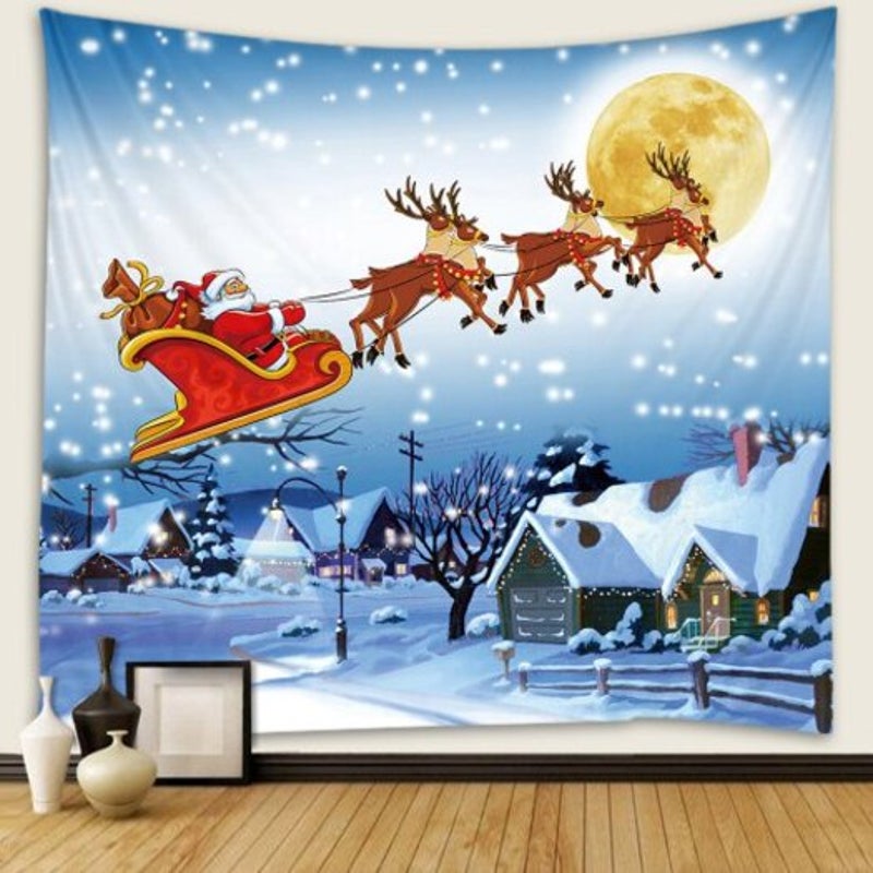 Running Christmas Deer Pattern Polyester Tapestry Wall Background Diy Holiday Decoration White W59 X L51 Inch