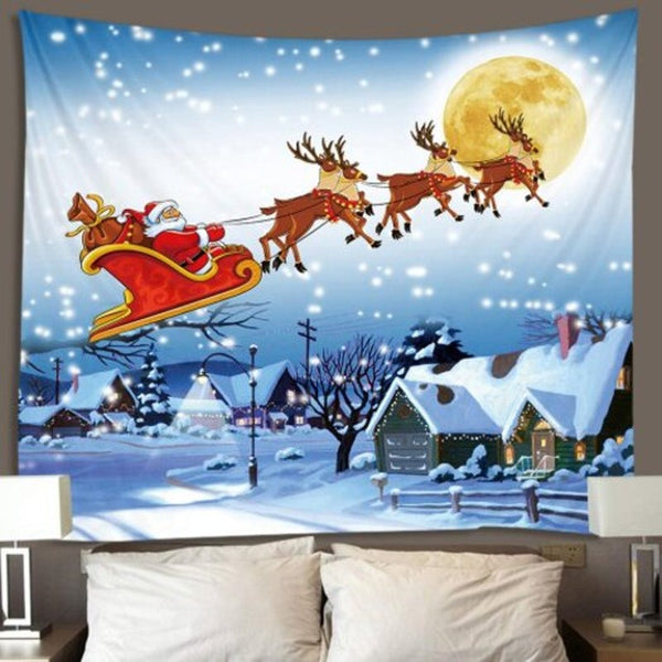 Running Christmas Deer Pattern Polyester Tapestry Wall Background Diy Holiday Decoration White W59 X L51 Inch