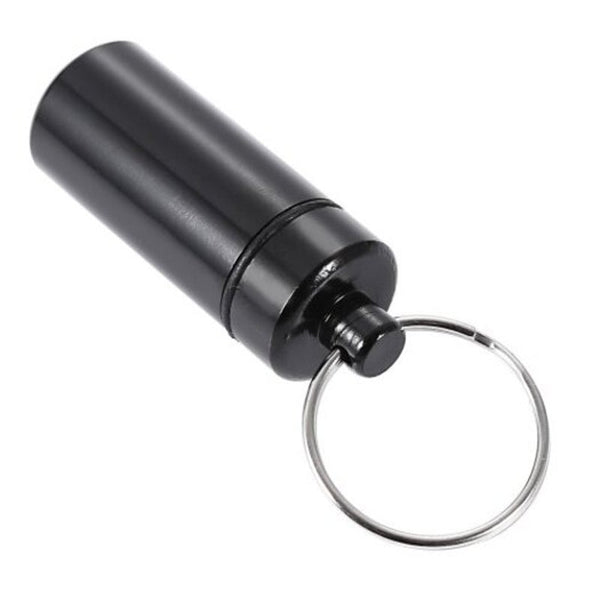 S Size Round Bottom Waterproof Air Tight Drug Container Pill Barrel Holder With Keychain Black
