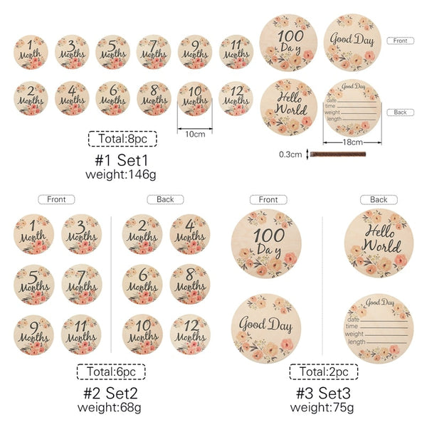 Wooden Baby Milestone Cards Double Sided Flowers Photography Props Set Of 6 Background Material