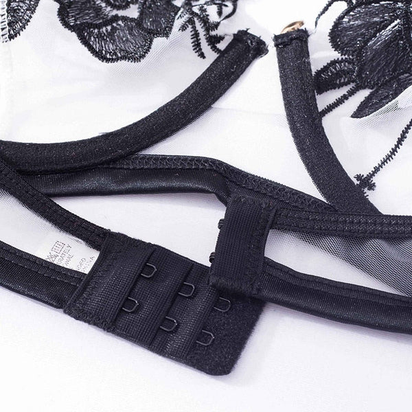 3 Piece Sexy Black Floral Transparent Halter Bra Panties Lingerie Set Women