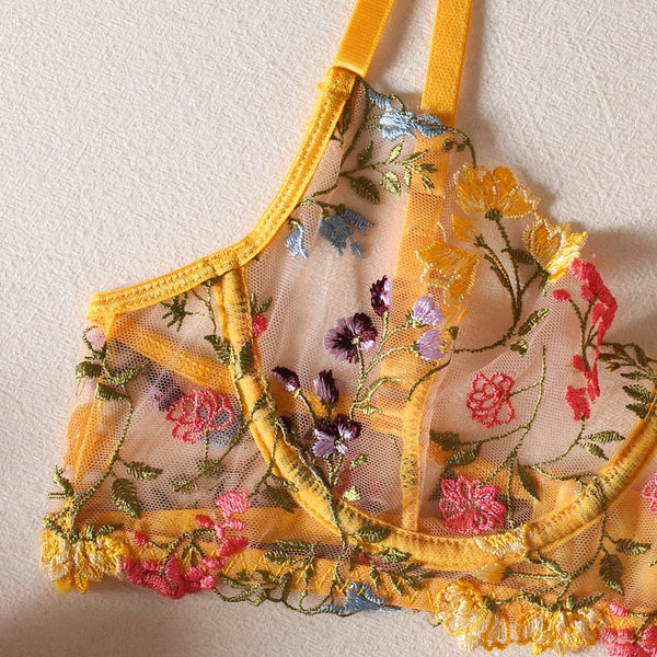 Bright Cheery Fun Floral Lingerie Garter Belt Panties Bra Sets