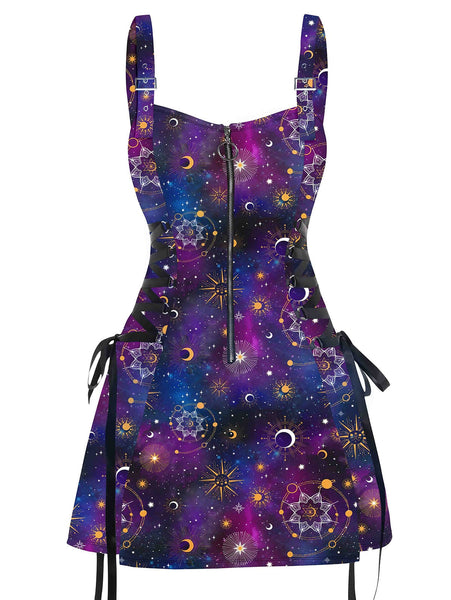 Celestial Sun Moon Print Lace Up Mini Dress Summer Gothic Women Square Neck Witch Dresses