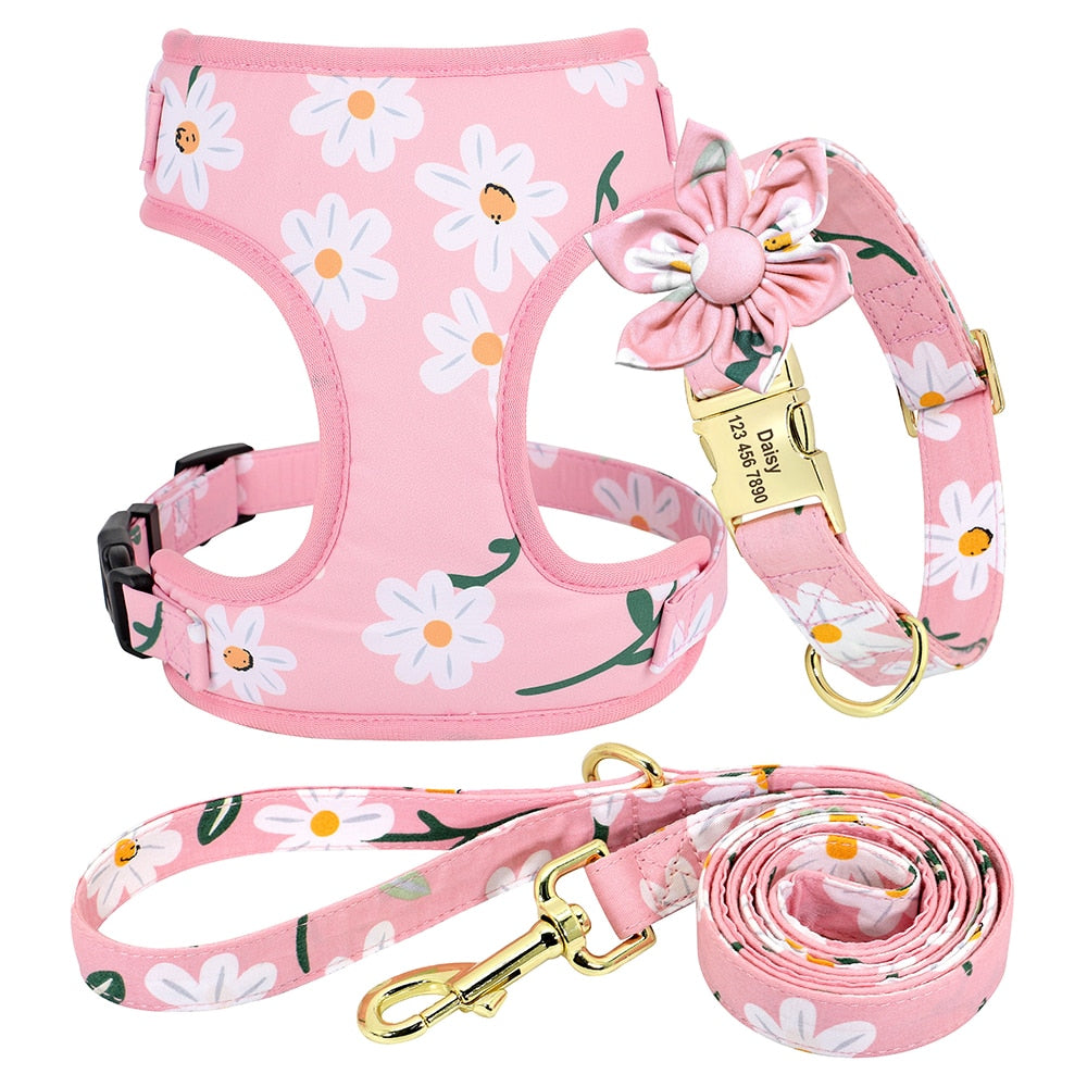 Flower Printed Dog Collar Floral Harness Leash Set For Small To Large Dogs Harnesses