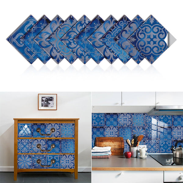 10Pcs/Set Dream Blue Peel And Stick Tile Sticker Kitchen Backsplash Wall Decals Wall Stickers
