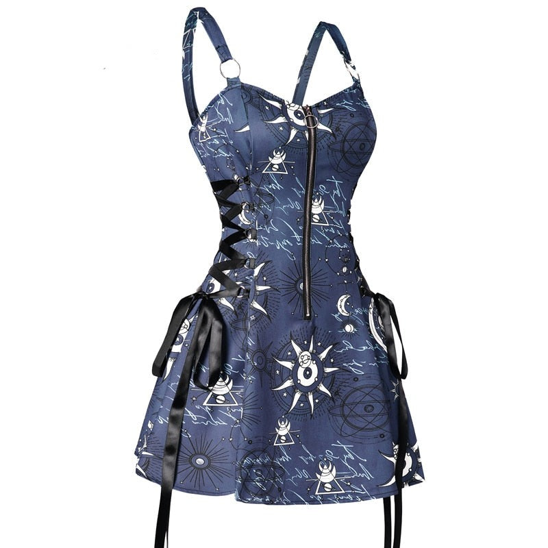 Celestial Sun Moon Print Lace Up Mini Dress Summer Gothic Women Square Neck Witch Dresses