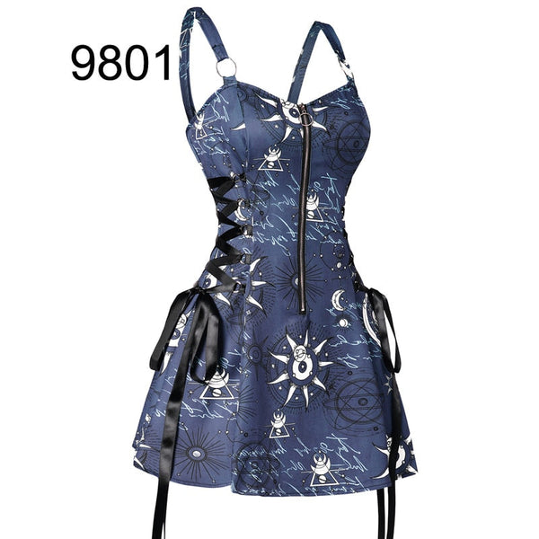 Celestial Sun Moon Print Lace Up Mini Dress Summer Gothic Women Square Neck Witch Dresses