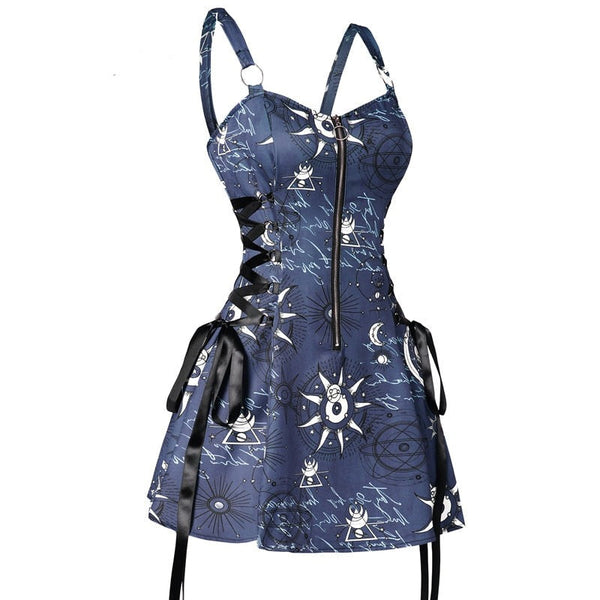 Celestial Sun Moon Print Lace Up Mini Dress Summer Gothic Women Square Neck Witch Dresses