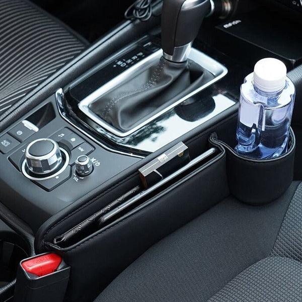 Multifunctional Car Front Seat Gap Black Faux Leather Storage Holder With Cup Car Organisers