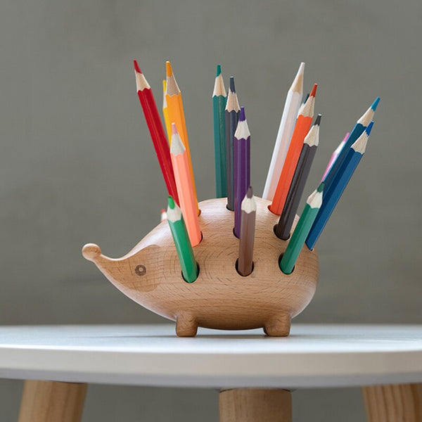 Solid Wood Carved Hedgehog Pencil Holder Nordic Decor Storage Pen Holders