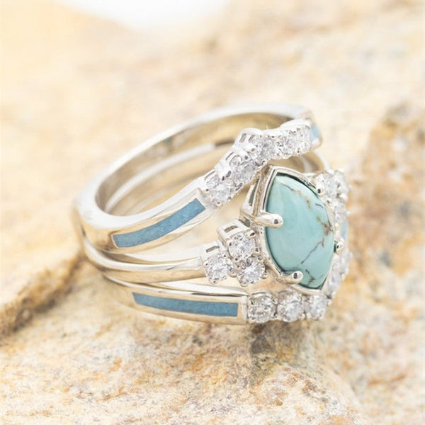 Veile Studios 3Pcs Set Elegant Turquoise Inlaid Stone Women Rings