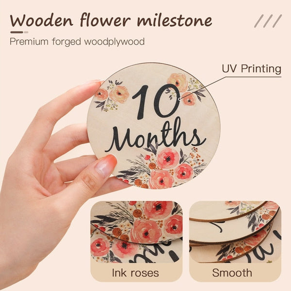 Wooden Baby Milestone Cards Double Sided Flowers Photography Props Set Of 6 Background Material