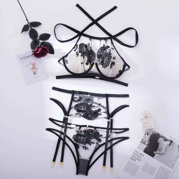 3 Piece Sexy Black Floral Transparent Halter Bra Panties Lingerie Set Women