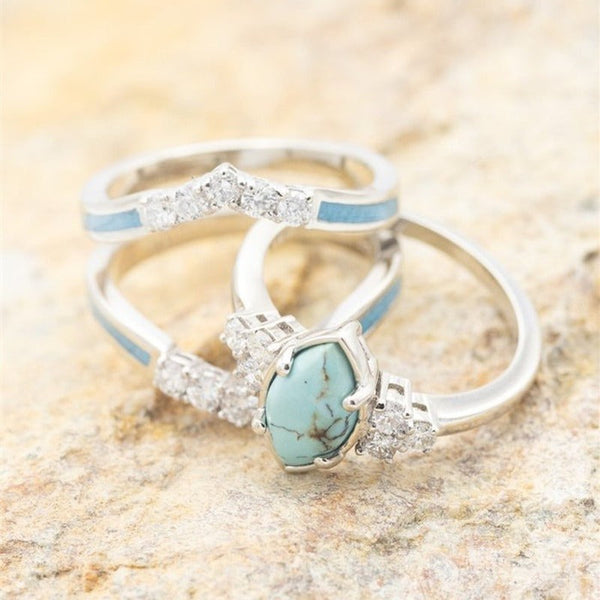 Veile Studios 3Pcs Set Elegant Turquoise Inlaid Stone Women Rings