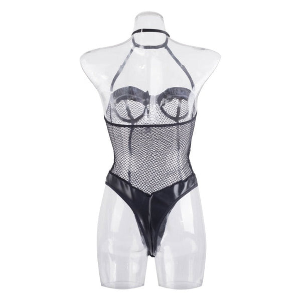 Black Zipper Fishnet Halter Neck Open Crotch Bodysuit Women Bodysuits