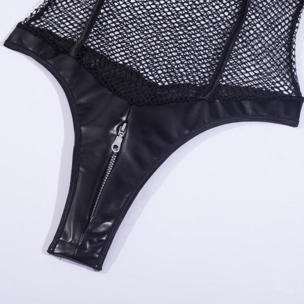 Black Zipper Fishnet Halter Neck Open Crotch Bodysuit Women Bodysuits
