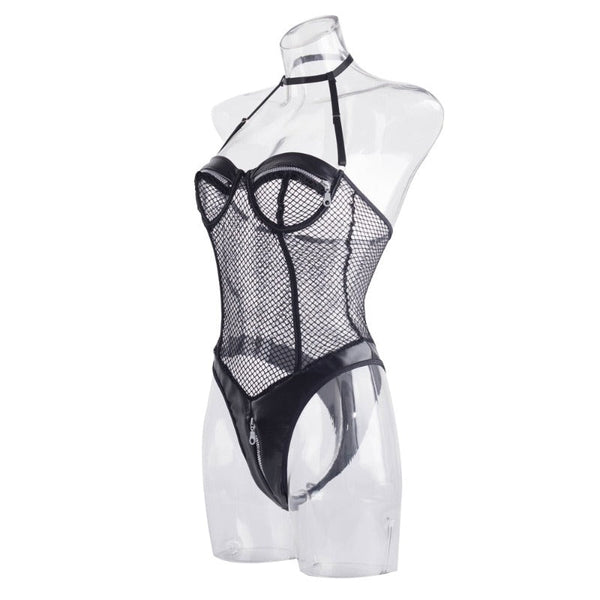 Black Zipper Fishnet Halter Neck Open Crotch Bodysuit Women Bodysuits