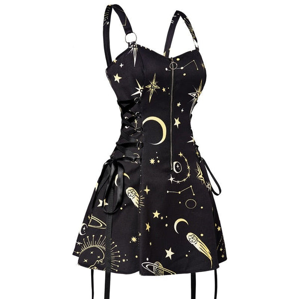 Celestial Sun Moon Print Lace Up Mini Dress Summer Gothic Women Square Neck Witch Dresses