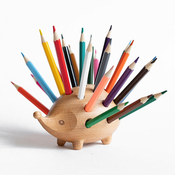 Solid Wood Carved Hedgehog Pencil Holder Nordic Home Decor Storage