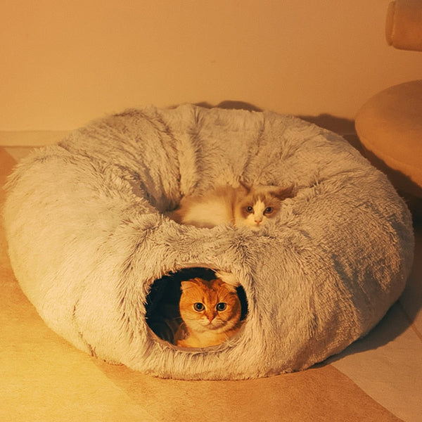 2 In 1 Round Cat Beds House Funny Tunnel Toy Soft Long Plush Dog For Small Dogs Basket Kittens Mat Kennel Deep Sleep