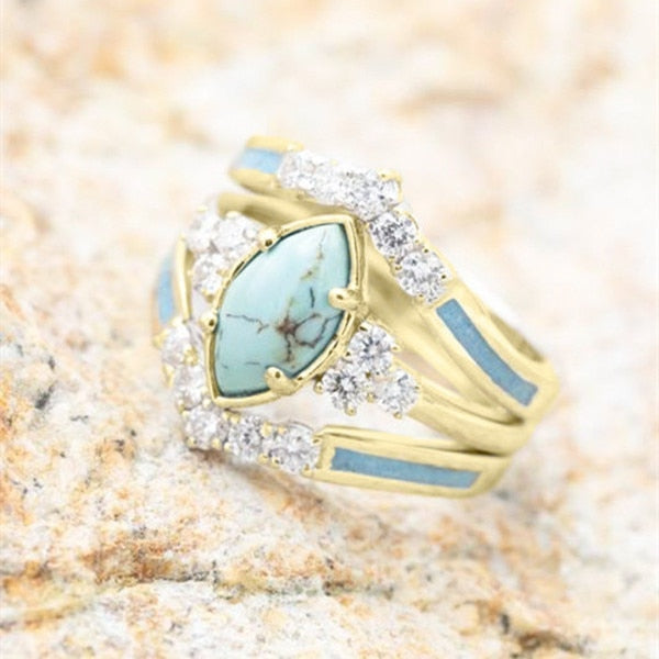 Veile Studios 3Pcs Set Elegant Turquoise Inlaid Stone Women Rings