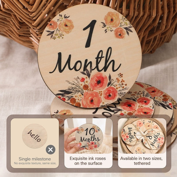 Wooden Baby Milestone Cards Double Sided Flowers Photography Props Set Of 6 Background Material