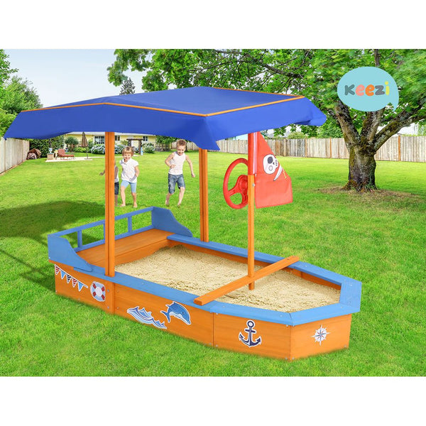 Keezi Boat Shaped Canopy Sand Pit Sandpit Toys