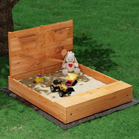 Keezi Kids Sandpit Wooden Sandbox Pit With Cover Funnel Outdoor Toys 120Cm