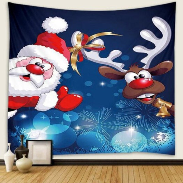 Santa Claus Deer Pattern Polyester Tapestry Wall Background Diy Holiday Decoration Blueberry W91 X L71 Inch Seasonal Decorations