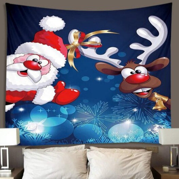 Santa Claus Deer Pattern Polyester Tapestry Wall Background Diy Holiday Decoration Blueberry W91 X L71 Inch Seasonal Decorations