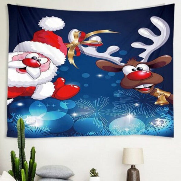 Santa Claus And Deer Pattern Polyester Tapestry Wall Background Diy Holiday Decoration Blueberry W91 X L71 Inch