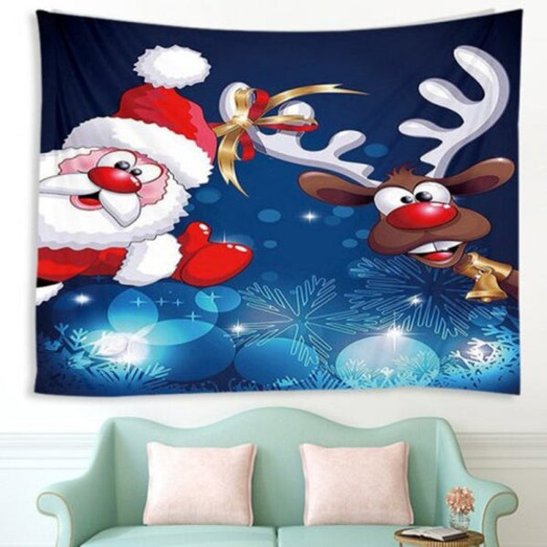Santa Claus Deer Pattern Polyester Tapestry Wall Background Diy Holiday Decoration Blueberry W91 X L71 Inch Seasonal Decorations