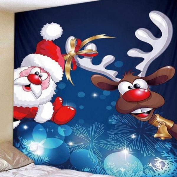 Santa Claus And Deer Pattern Polyester Tapestry Wall Background Diy Holiday Decoration Blueberry W91 X L71 Inch