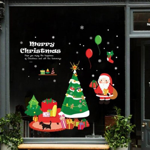 Santa Claus Christmas Tree Glass Door Sticker Background Removable Multi A 60X90cm