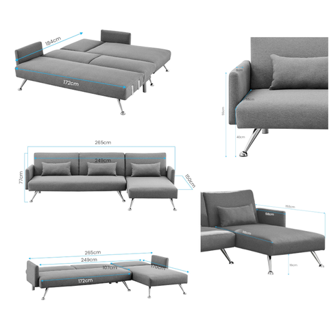 Sarantino Mia 3-Seater Corner Sofa Bed Chaise And Pillows Dark Grey