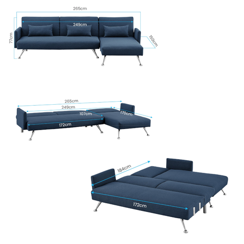 Sarantino Mia 3-Seater Sofa Bed With Chaise & Pillows Blue