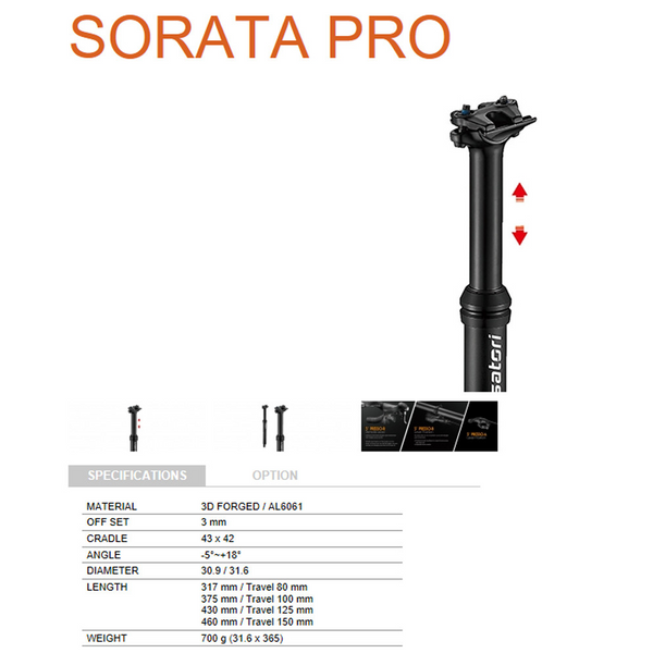 Satori Sorata Pro Mtb Mountain Bike Adjustable Seatpost Internal Cable 30.9 Diameter 125Mm Travel