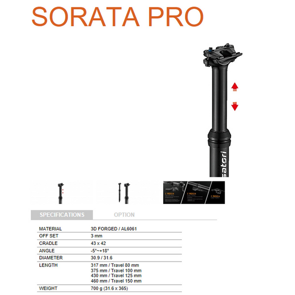 Sorata Pro Mtb Mountain Bike Seatpost Internal Cable 30.9 Diameter 125Mm Travel Seatposts