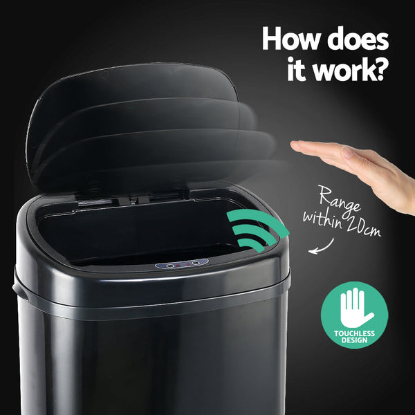Devanti 68L Motion Sensor Rubbish Bin Black Rubbish Bins
