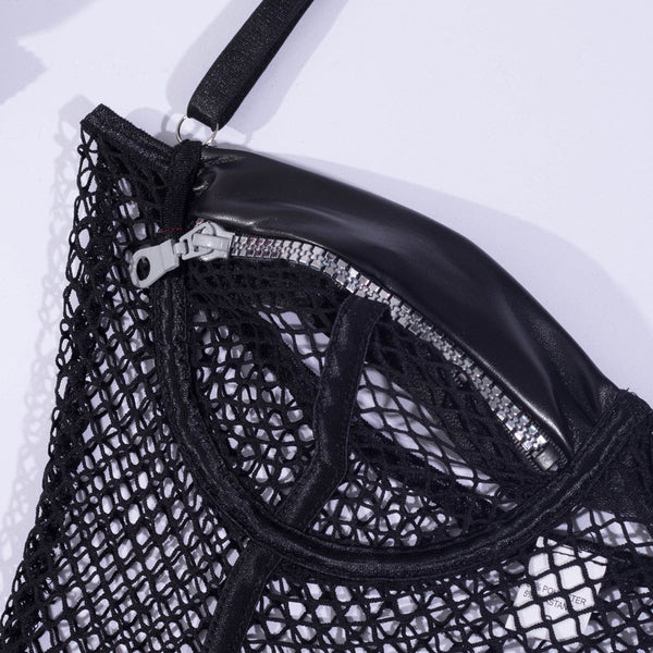 Bodysuits Sexy Black Zipper Fishnet Halter Neck Open Crotch Bodysuit Women