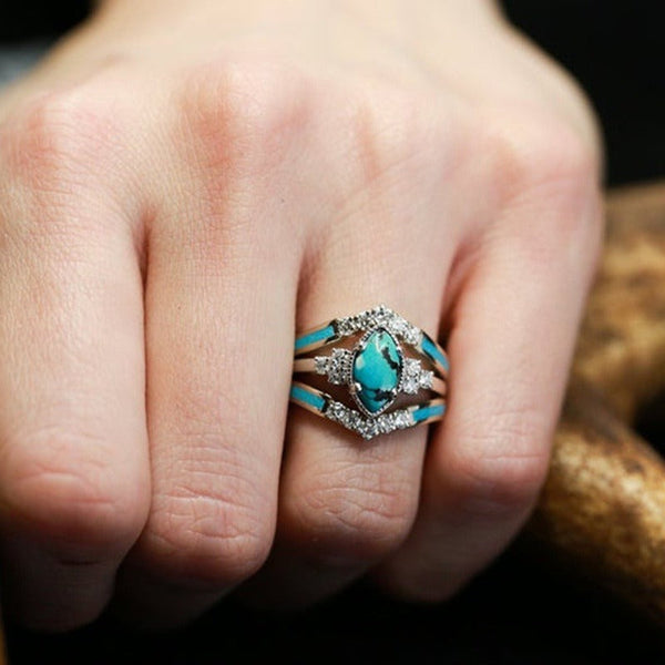 Veile Studios 3Pcs Set Elegant Turquoise Inlaid Stone Women Rings