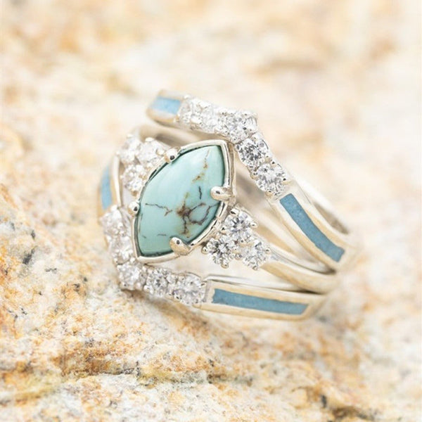 Veile Studios 3Pcs Set Elegant Turquoise Inlaid Stone Women Rings