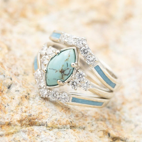 3Pcs Set Elegant Turquoise Inlaid Stone Women Rings